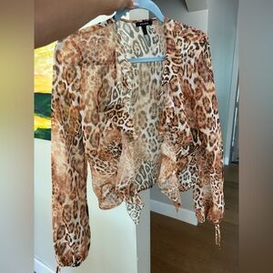 Escada Ruffled Fitted Blouse leopard sheer print animal tiger small/xs s SATC